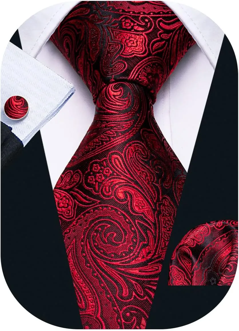Barry.Wang Men Ties Paisley Woven Silk Necktie Set with Pocket Suqare Cufflinks Formal