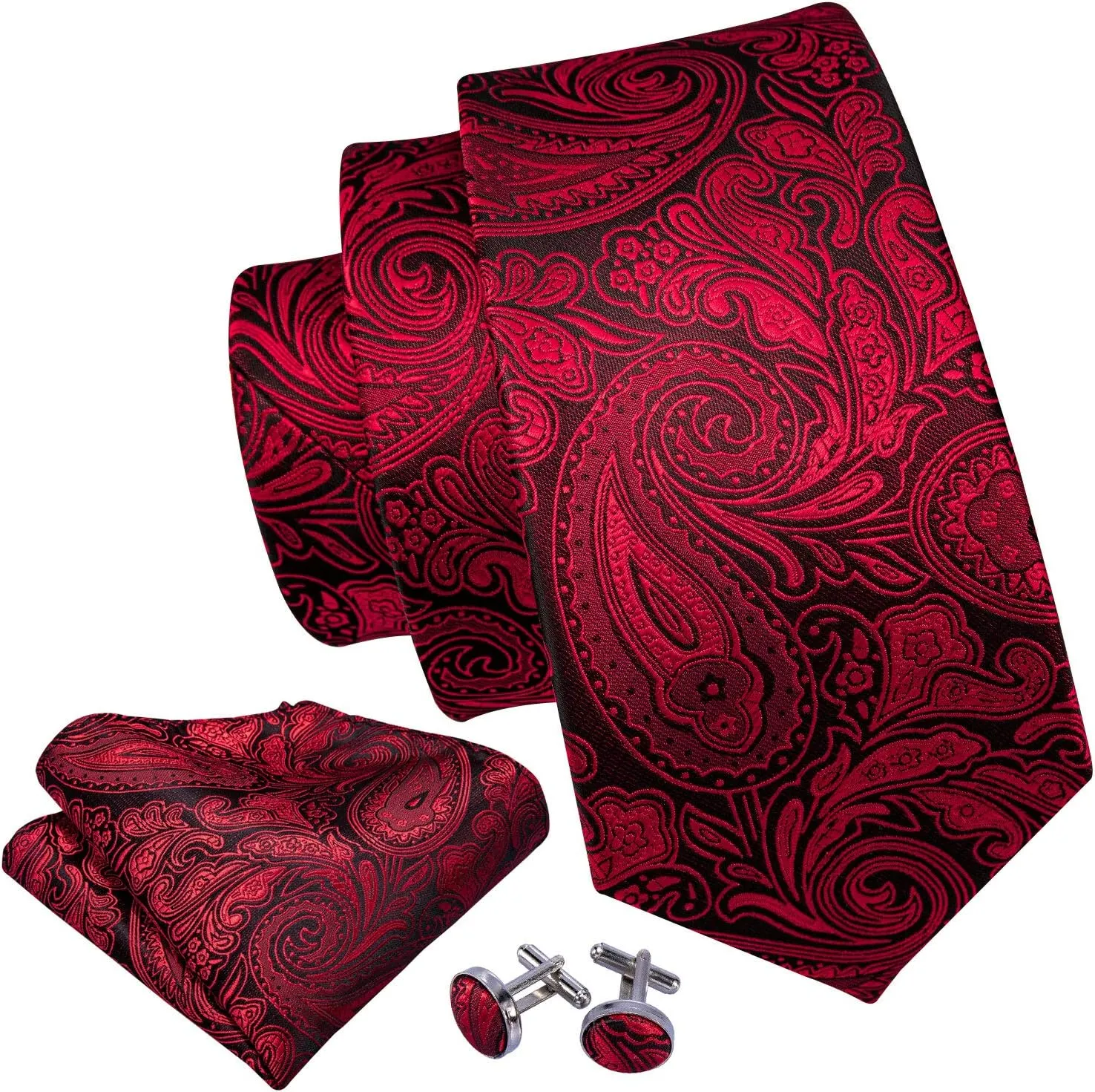 Barry.Wang Men Ties Paisley Woven Silk Necktie Set with Pocket Suqare Cufflinks Formal
