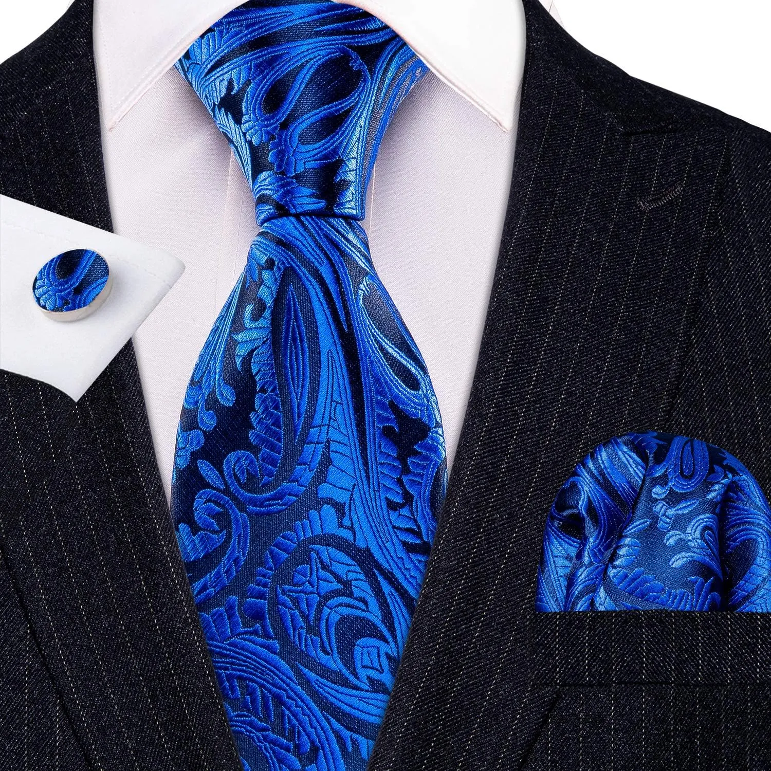 Barry.Wang Men Ties Paisley Woven Silk Necktie Set with Pocket Suqare Cufflinks Formal