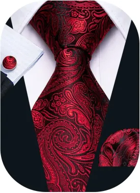 Barry.Wang Men Ties Paisley Woven Silk Necktie Set with Pocket Suqare Cufflinks Formal