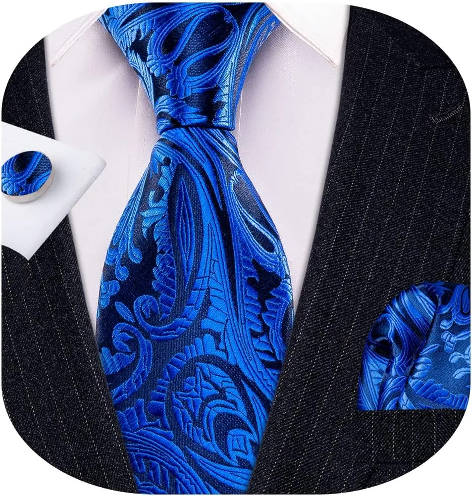 Barry.Wang Men Ties Paisley Woven Silk Necktie Set with Pocket Suqare Cufflinks Formal