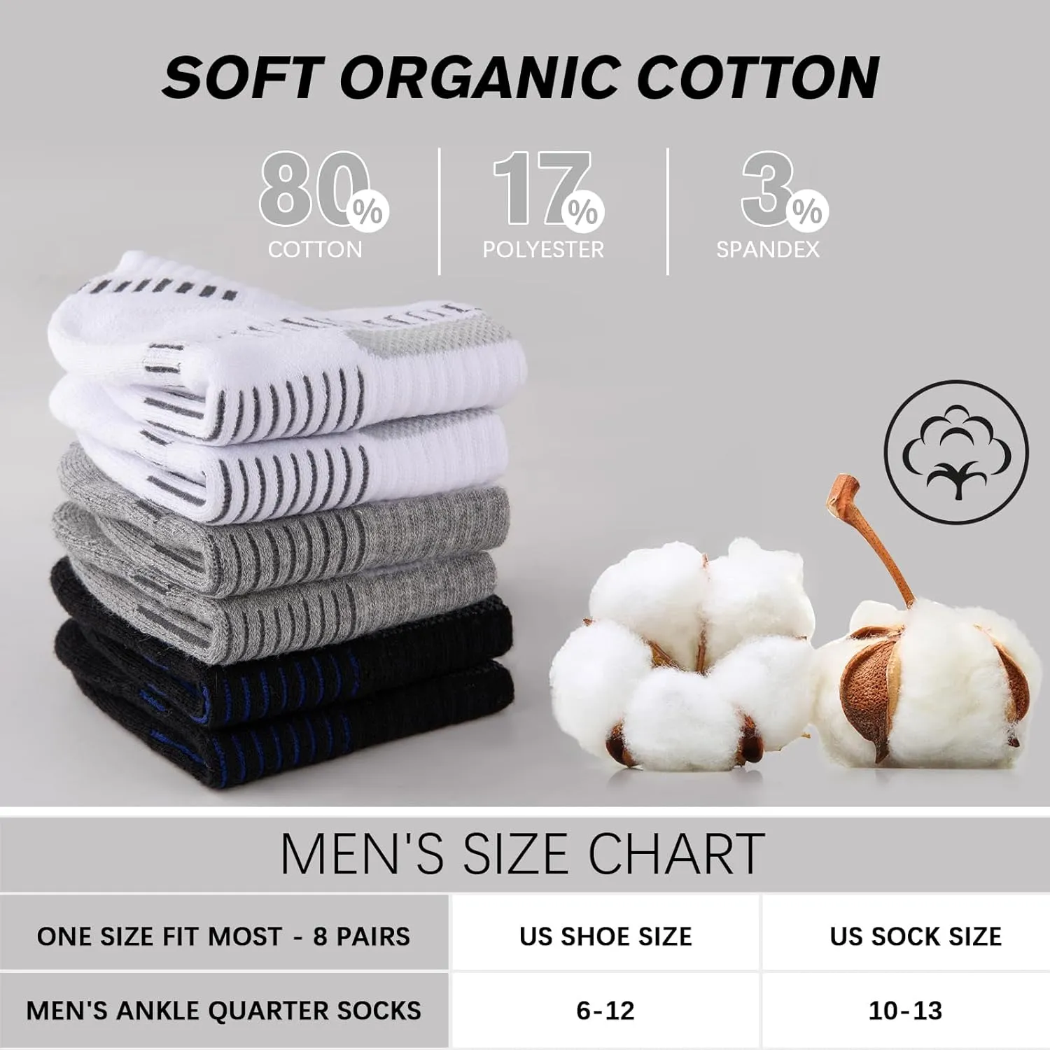 COOPLUS 8 Pairs Men's Athletic Ankle Socks Running Cushioned Cotton Quarter Sports Socks