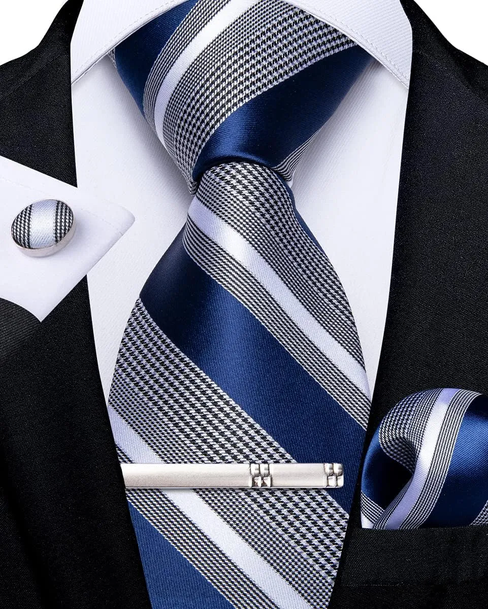 DiBanGu Mens Striped Tie Silk Woven Necktie and Pocket Square Cufflinks Tie Clip Set Wedding Business Formal Gift Tie for Men
