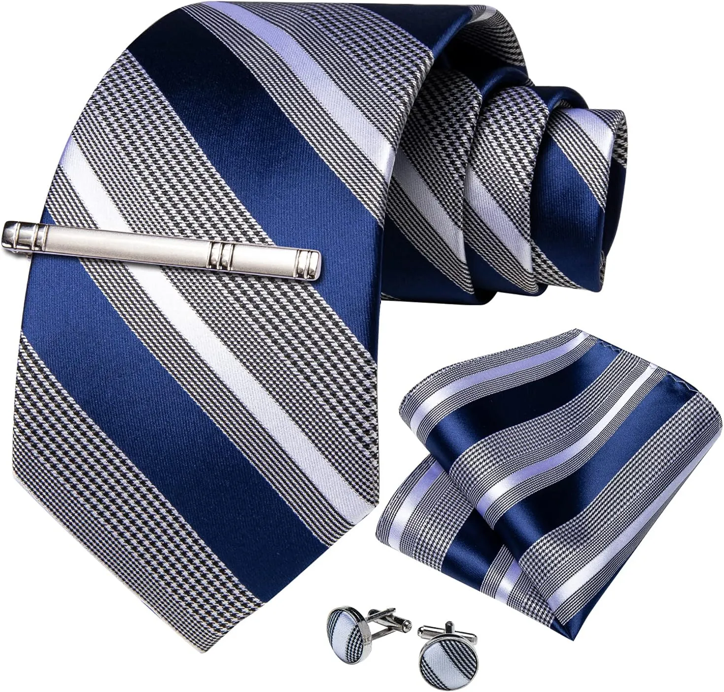 DiBanGu Mens Striped Tie Silk Woven Necktie and Pocket Square Cufflinks Tie Clip Set Wedding Business Formal Gift Tie for Men