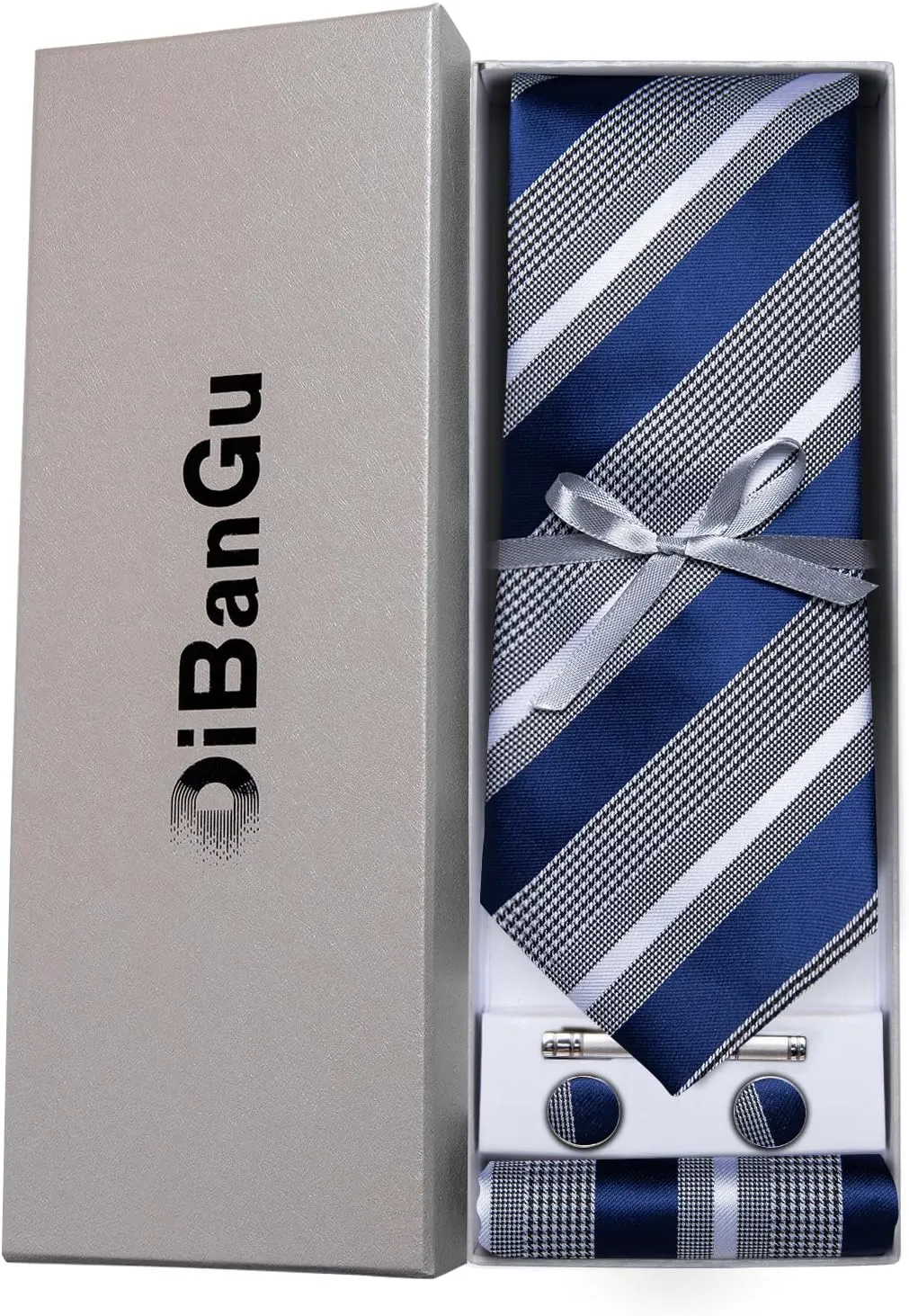 DiBanGu Mens Striped Tie Silk Woven Necktie and Pocket Square Cufflinks Tie Clip Set Wedding Business Formal Gift Tie for Men