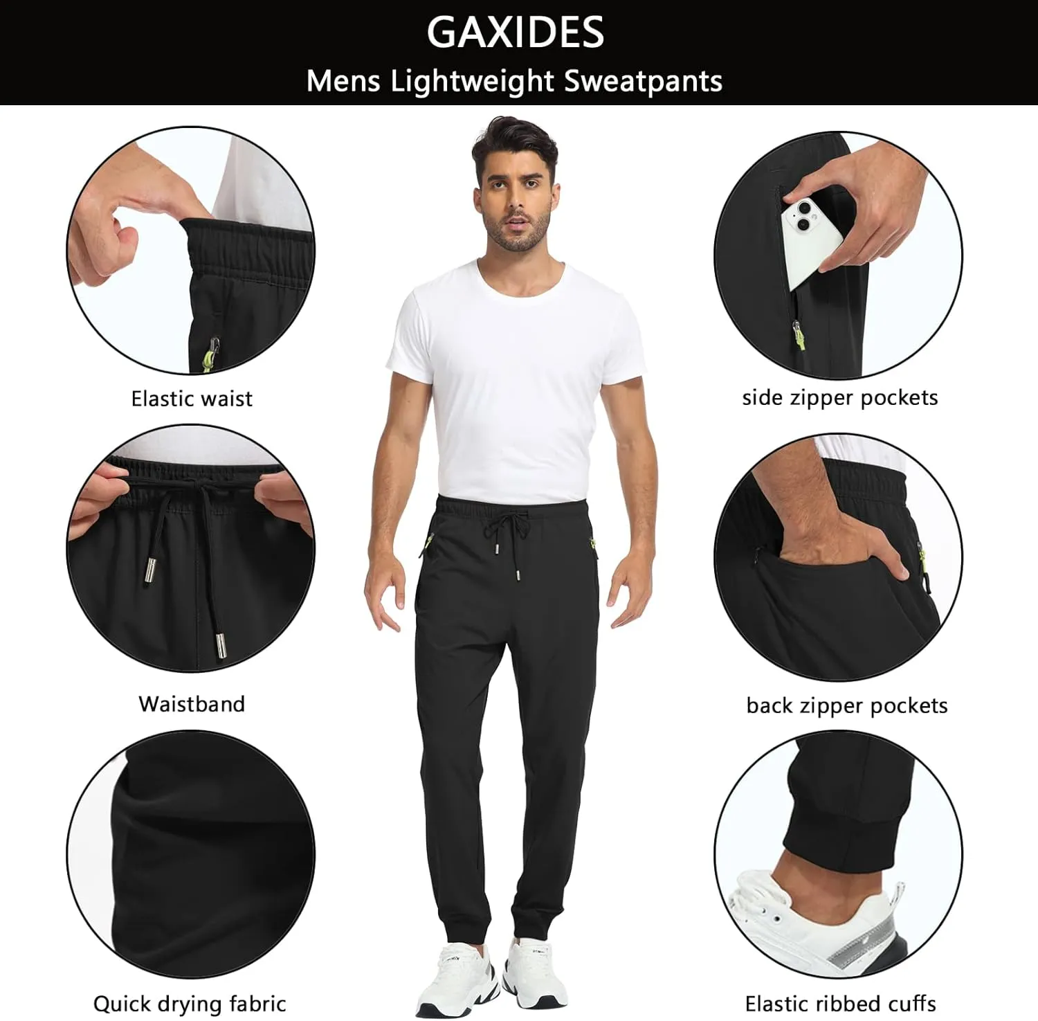 Men's Lightweight Jogger Pants Quick Dry Athletic Hiking Pants for Men with 3 Zipper Pockets