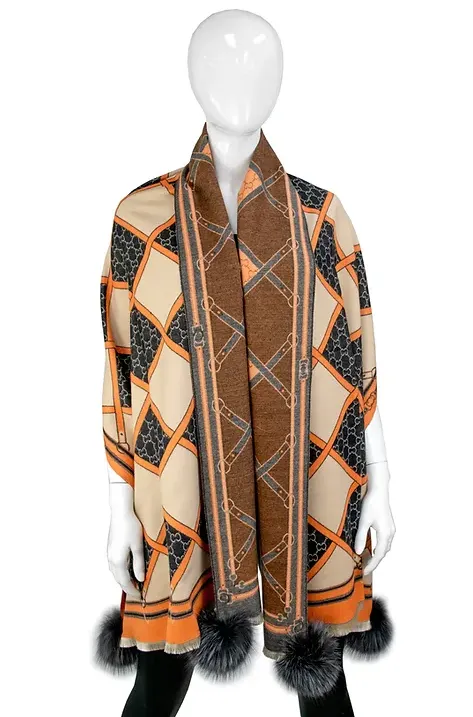 SCOC15 - Wide Woven Zigzag Belt Design Scarf w/ Fox Poms
