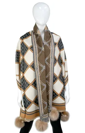 SCOC15 - Wide Woven Zigzag Belt Design Scarf w/ Fox Poms